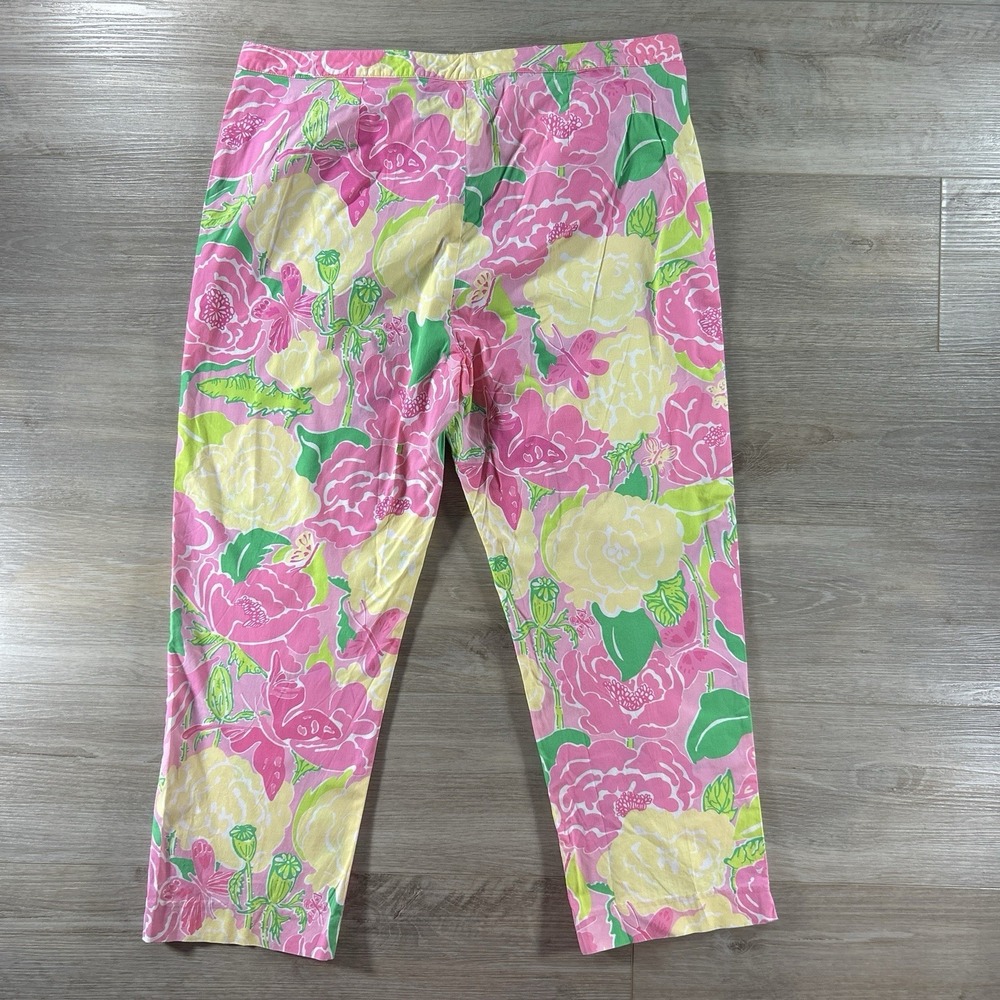 VTG Lilly Pulitzer Size 16 Pink Yellow Cotton Poplin Capri Shoo Fly Floral Pants - Picture 2 of 9